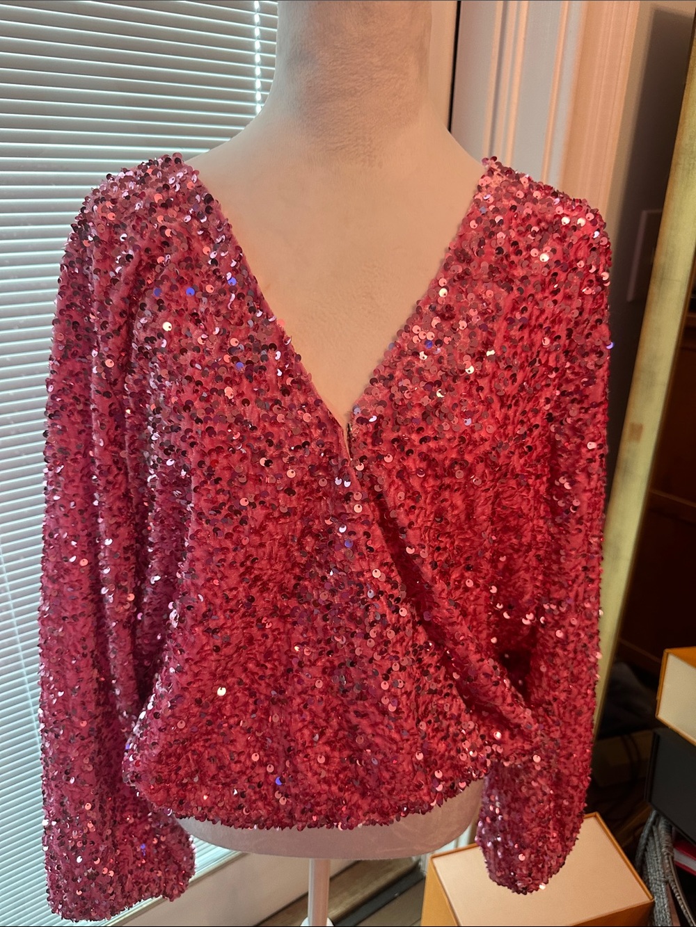 Women's Pink Sequin V-Neck Draped Wrap Sweatshirt